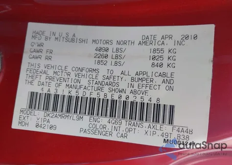 2011 Mitsubishi Eclipse Gs/Gs Sport z USA, uszkodzony, nr VIN 4A31K5DF5BE002548